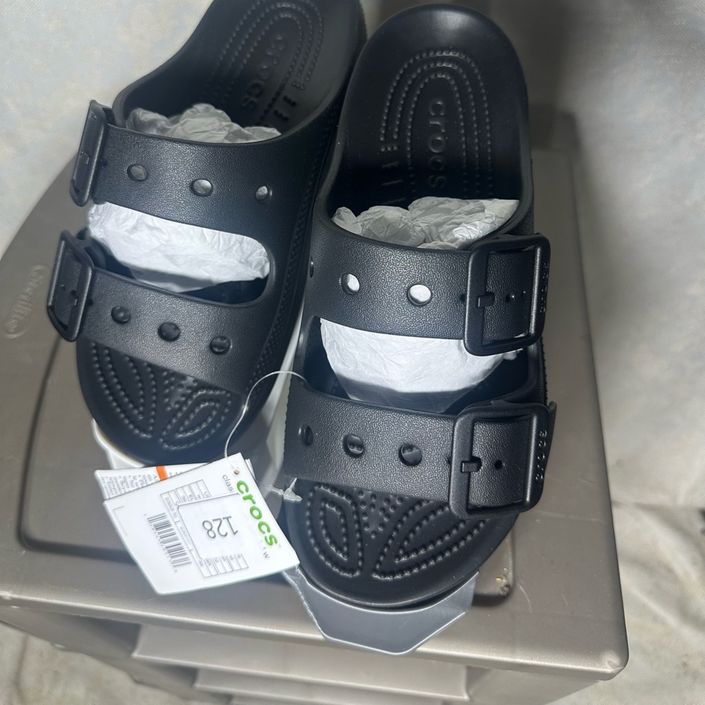 Crocs Classic Slip On Sandal Black Double Buckles Womens Size 6